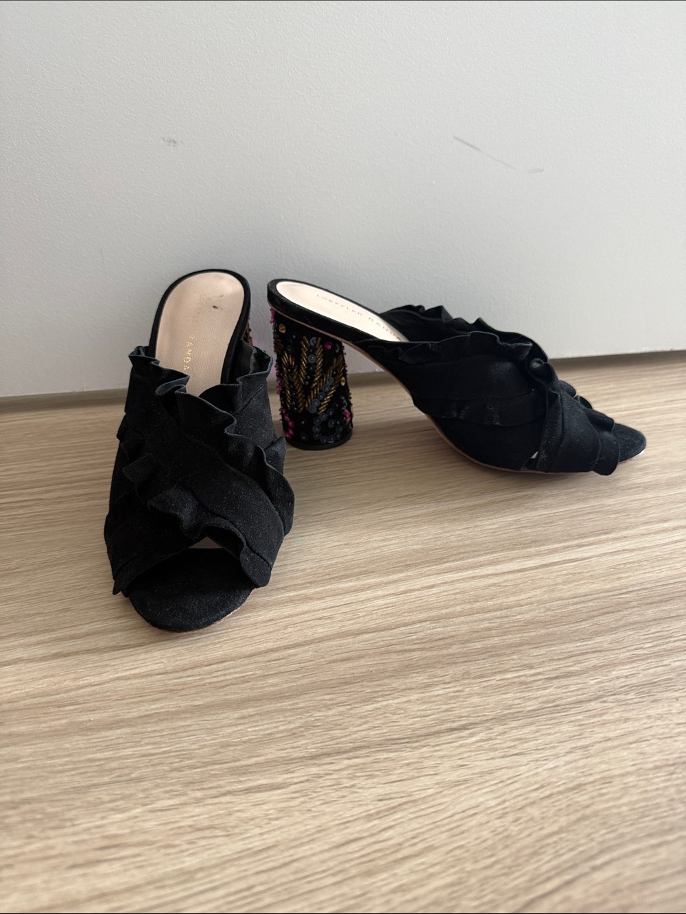 Loeffler Randall Black Ruffle Open-Toe Mules with Embellished Heel